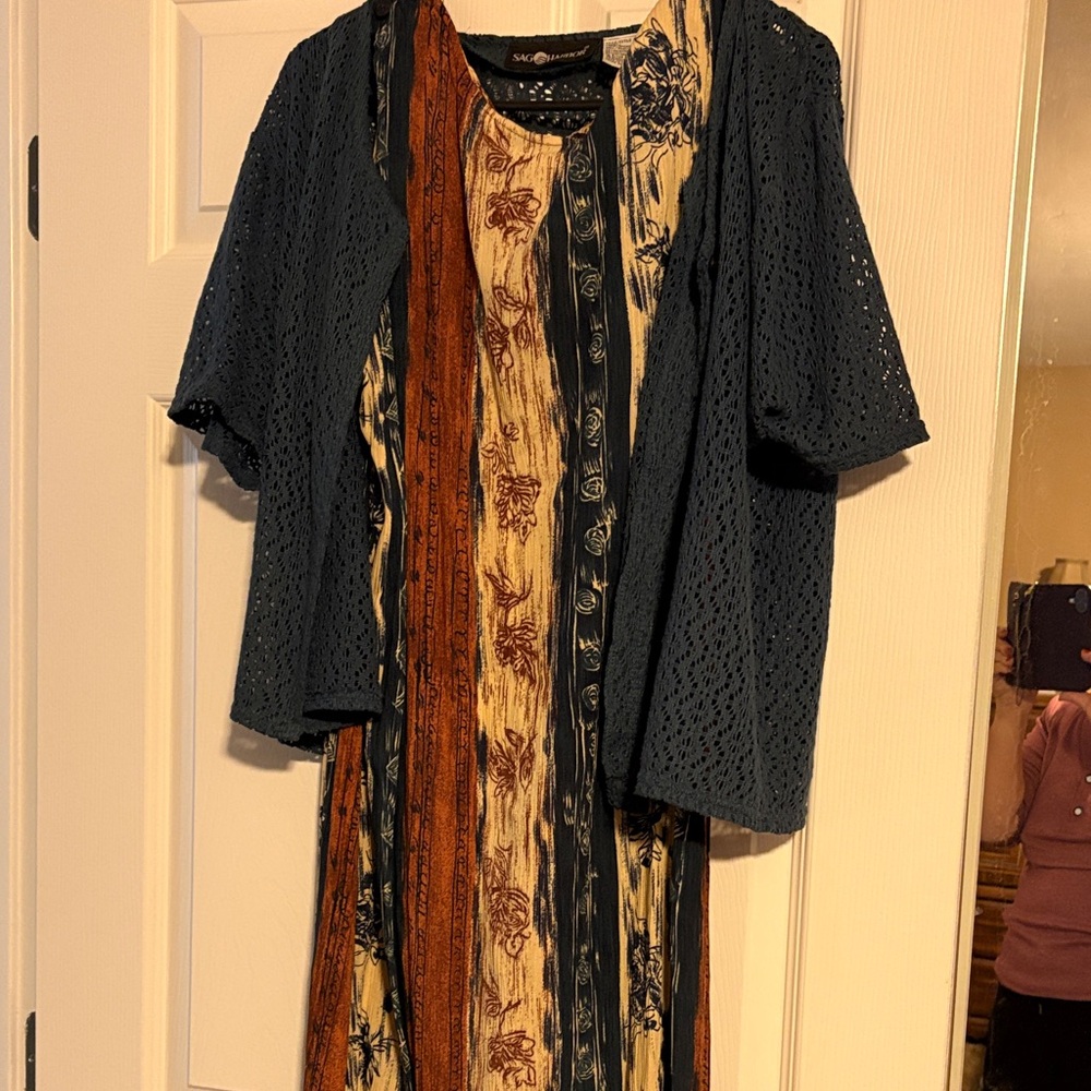Sag Harbor Multicolor Dress with Navy Crochet Cardigan.